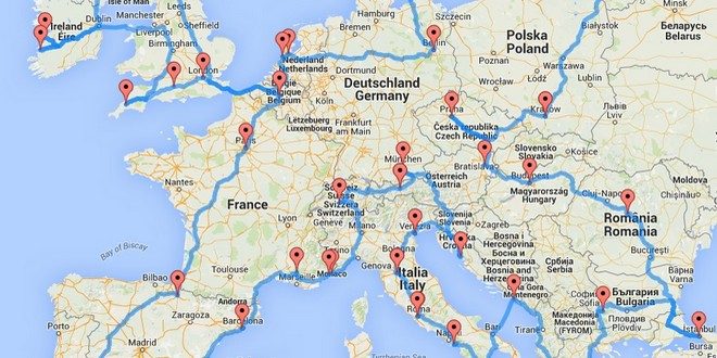 Carte de l'Europe avec itinéraires tracés
