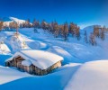 Vue panoramique sur une cabine de montagne enneigée dans les Alpes 120x100