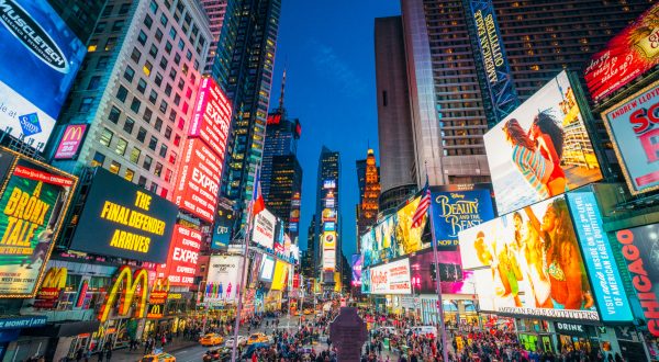 Times Square in New York City at dusk