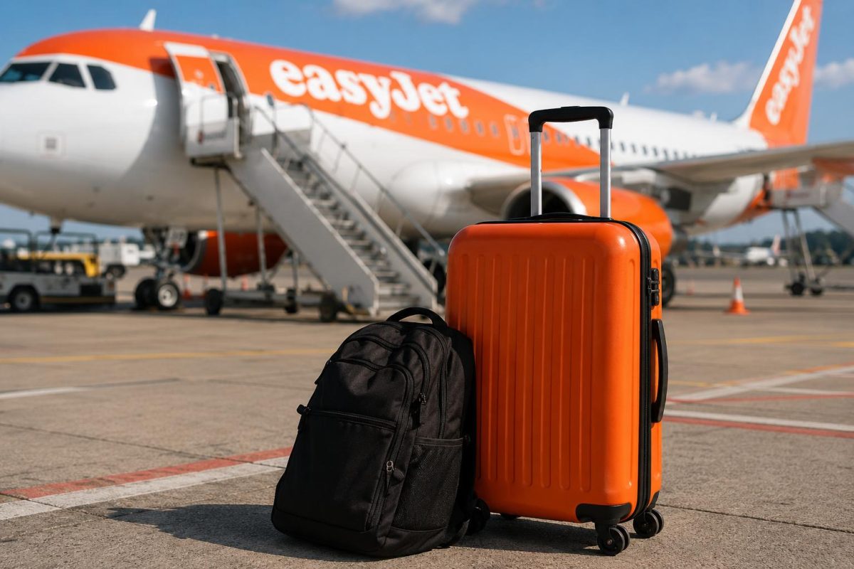 Petit bagage cabine orange placé devant un avion easyJet sur le tarmac