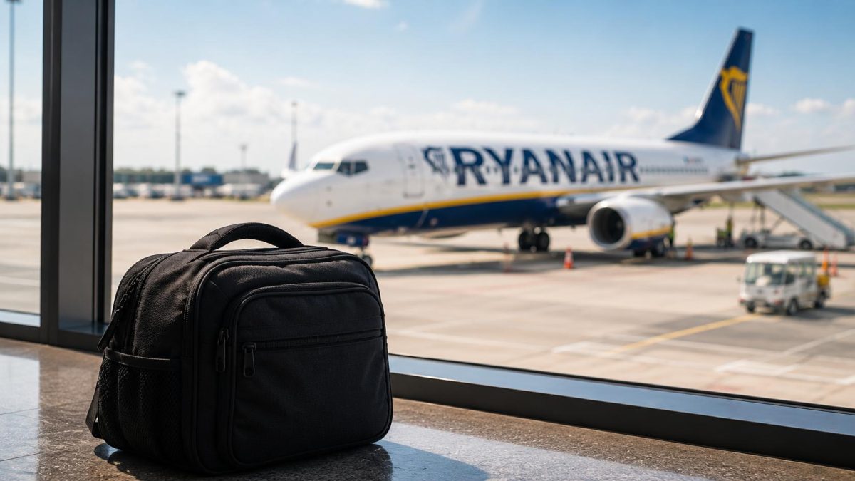 Bagage cabine devant un avion Ryanair illustrant les nouvelles règles européennes sur les bagages à main